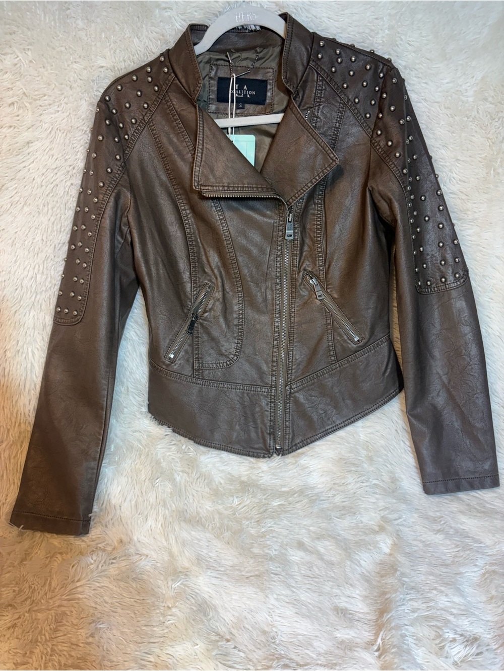Coalition LA Studded Donna Vegan Leather Moto Jacket - Mocha Brown Small NWT